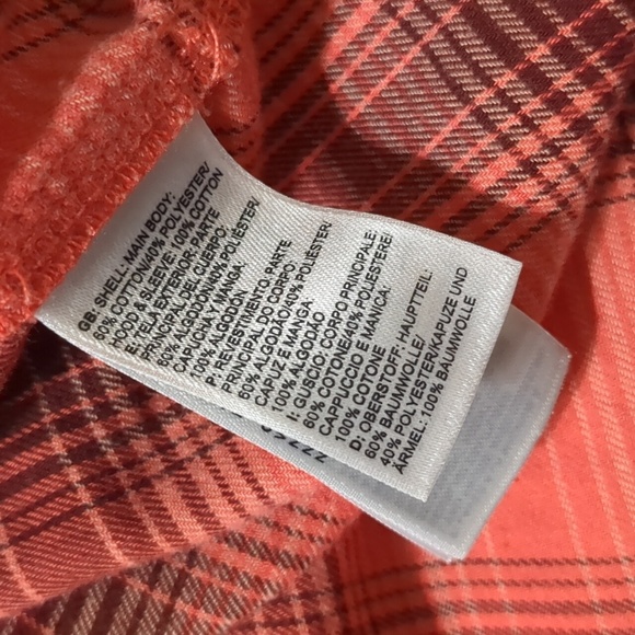 North Face Red Flannel Jacket Gray Sleeves Button Up Women’s S Small Hood - Picture 8 of 8